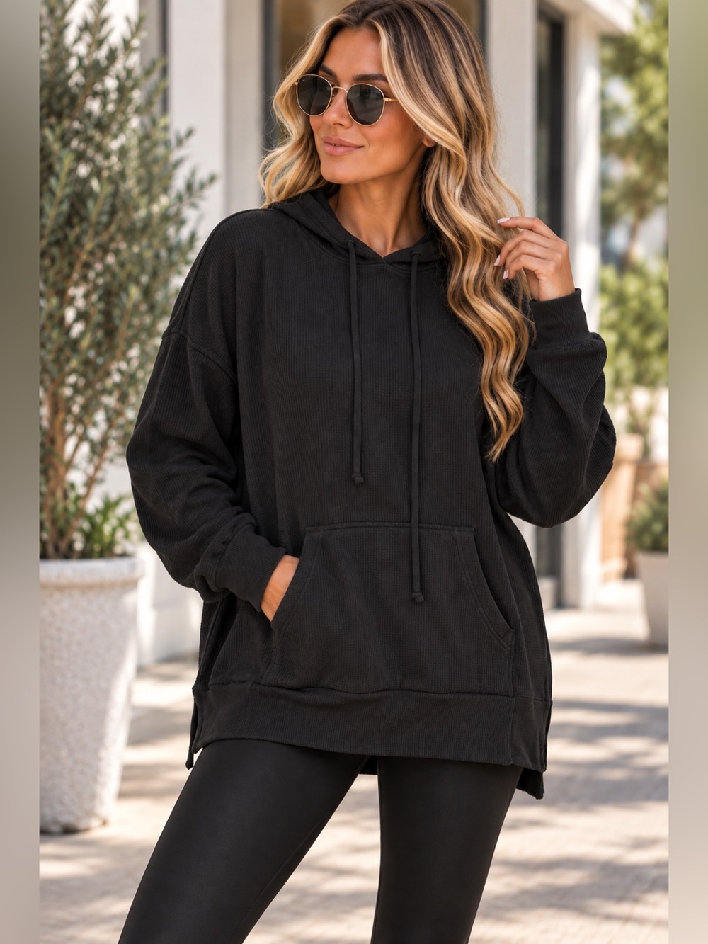 Black Oversized Thermal Waffle Knit Hoodie - 1033-1042